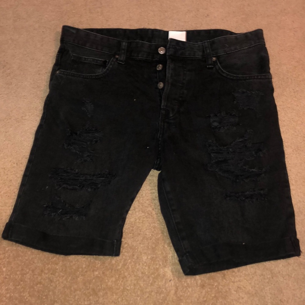 Black H&M jean shorts, size 32, fits above knee